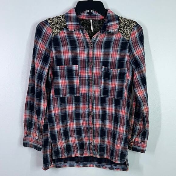 Free people little bit of sugar sequin plaid flannel button down shirt s… - Picture 2 of 6